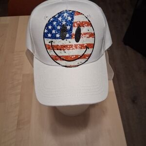White Baseball Hat Graphic, Smiley Face American Flag  Velcro Adjust. Strap